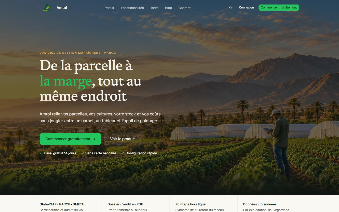 Page d’accueil d’Amtol, logiciel de gestion agricole au Maroc