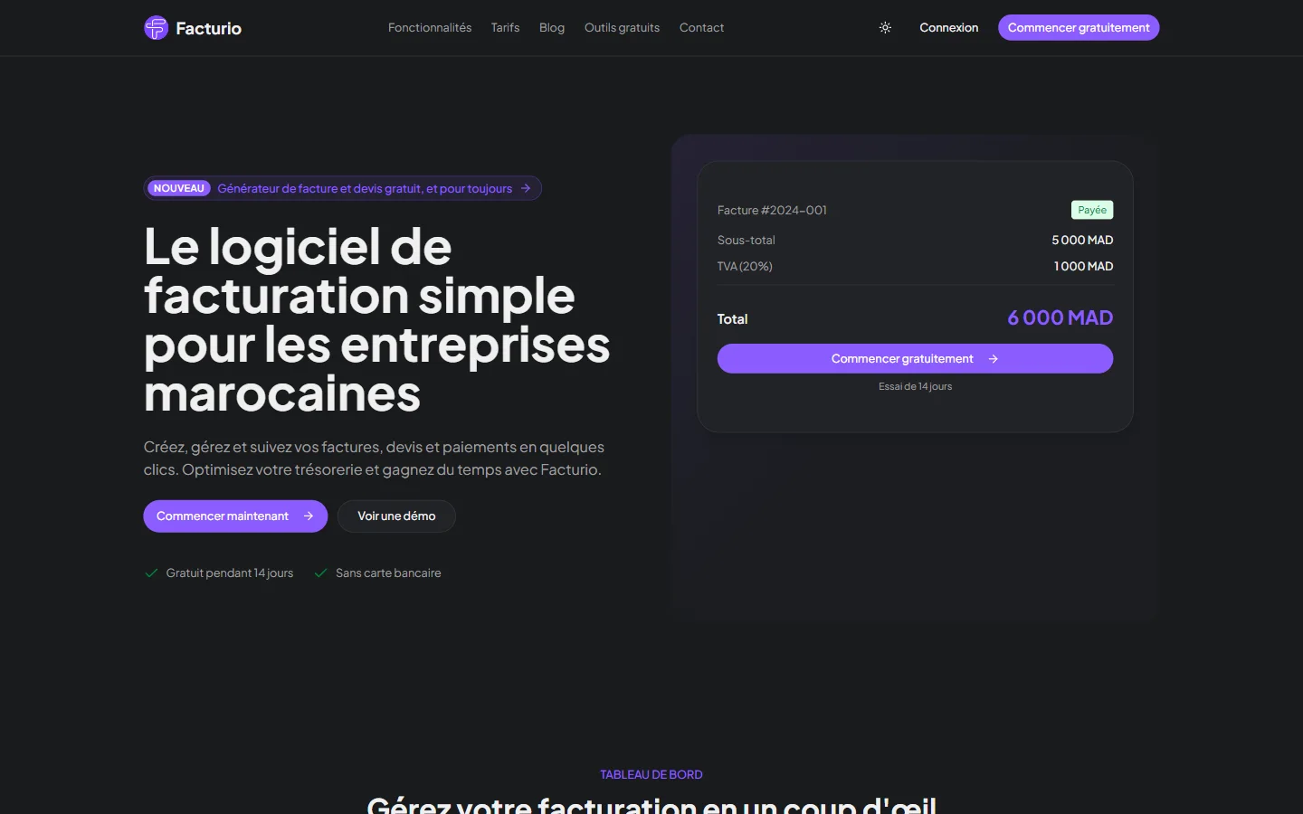 Page d’accueil de Facturio, logiciel de facturation pour les entreprises marocaines