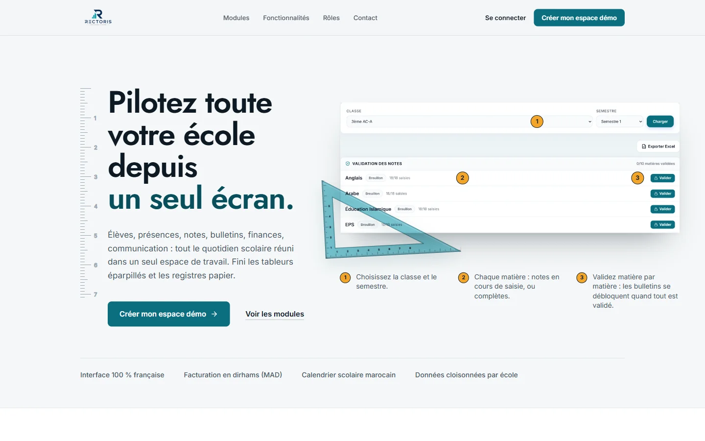 Page d’accueil de Rectoris, logiciel de gestion scolaire au Maroc